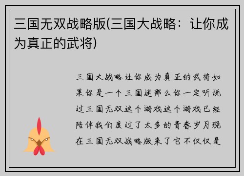 三国无双战略版(三国大战略：让你成为真正的武将)
